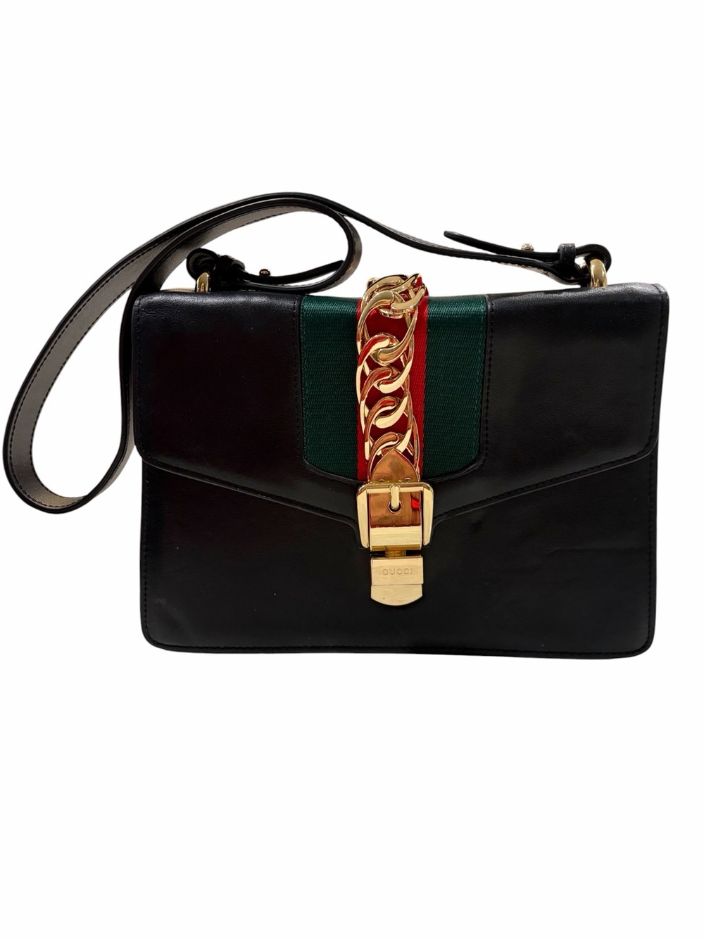 Designer Leather Black with Red Green Stripes Shoulder Bag